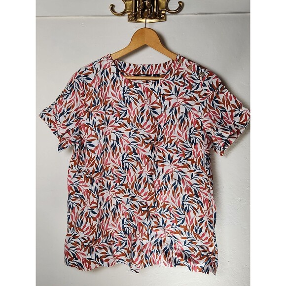 Lands End Top Shirt Tropical Short Sleeve Sz Medium Crewneck Women's 100% Linen - Picture 1 of 5